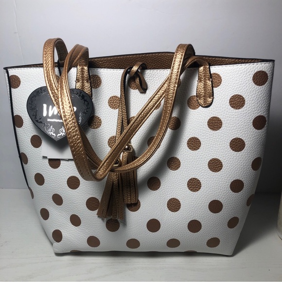 Imoshion Handbags - NWT Imoshion USA Vegan Leather Tote Bag Polka dot White /Gold Reversible